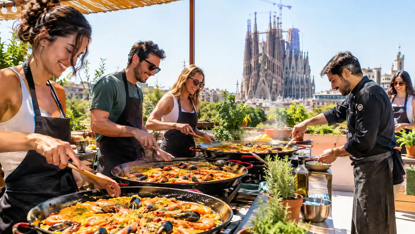 Corsi di cucina di paella di gruppo a Barcellona